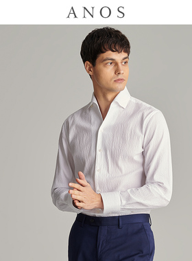 ANOS春夏泡泡纱衬衫男长袖 意式暗扣一片领商务休闲修身白色衬衣