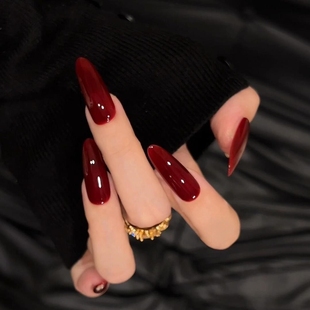 秋冬显白新年款红色纯手工定制穿戴甲红宝石纯色可拆卸美甲成品