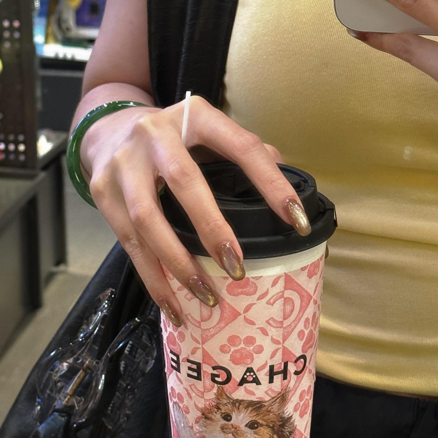 手工穿戴甲新款棕色玻璃珠猫眼美甲贴片甲片成品穿戴式美甲贴短款