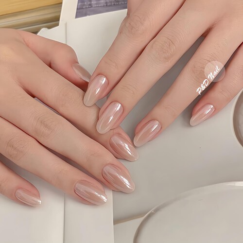 Hailey海莉同款欧美气质裸粉色月光珍珠极光穿戴甲纯手工光疗婚甲