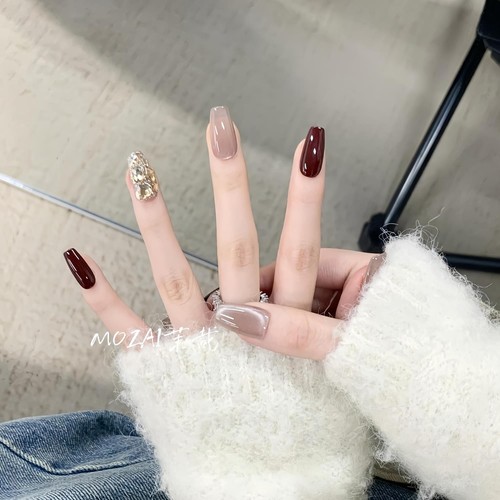 落日熔金纯手工美甲穿戴甲车厘子秋冬款高级成品猫眼短款指甲贴片