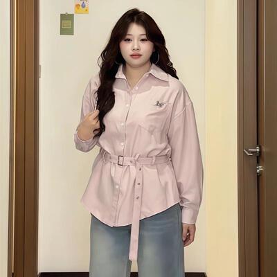 大码韩系高级感POLO领衬衫秋新款长袖显瘦气质百搭收腰粉色上衣女