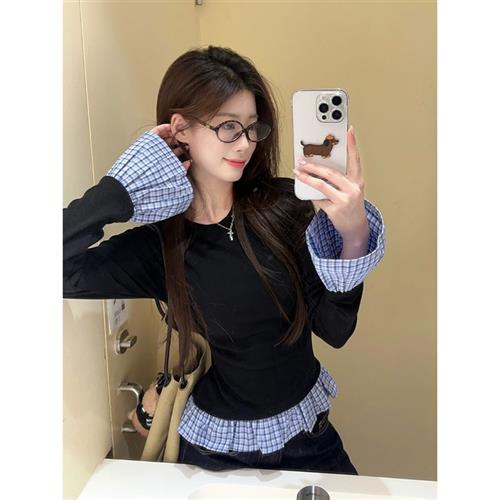 假两件格子拼接长袖T恤女2025春夏新款设计感修身显瘦小众打底衫