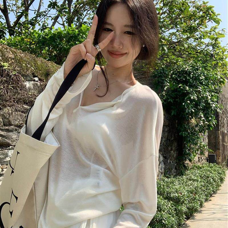 薄款透视v领长袖T恤女装夏季宽松休闲白色打底衫chic防晒罩衫上衣