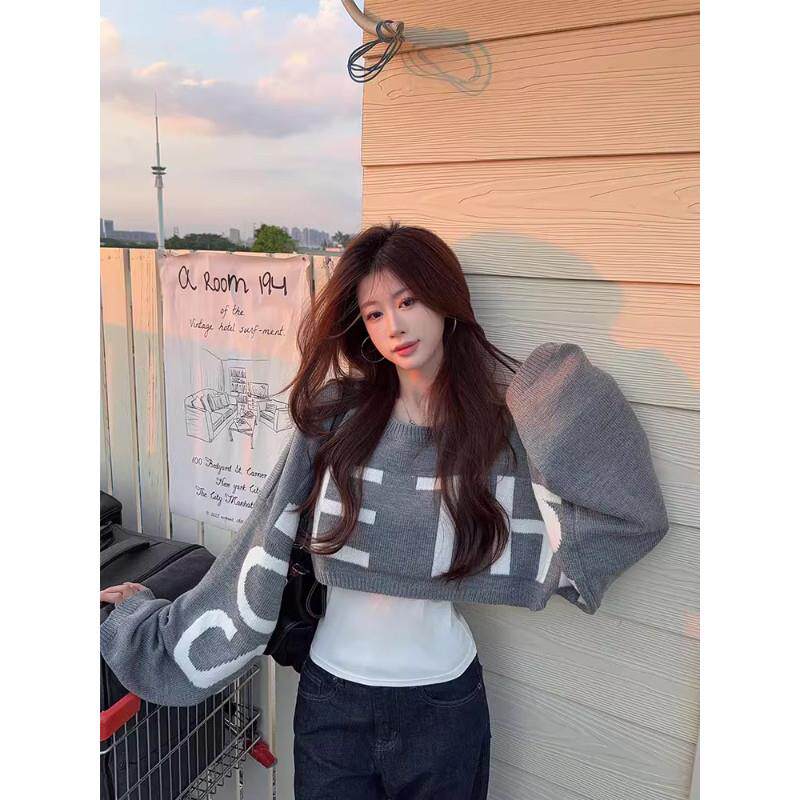 大码超好看美式复古超大袖子印花短款宽松针织罩衫女秋冬辣妹毛衣