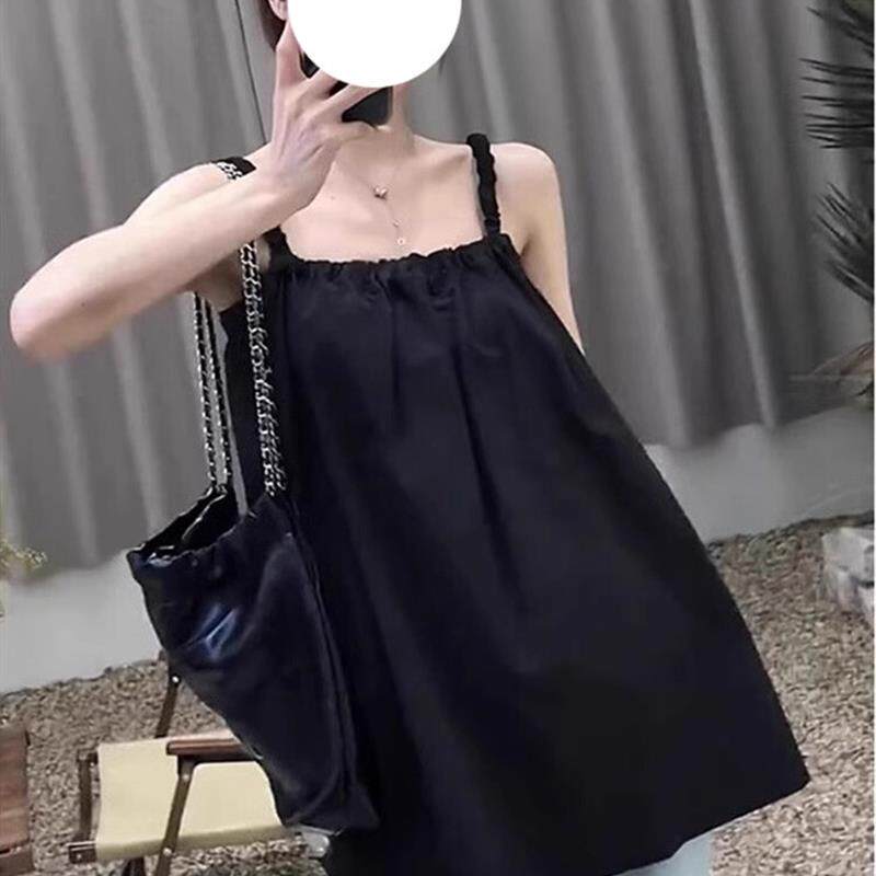 大码中长款黑色吊带背心女夏外穿胖mm宽松遮肚子法式无袖雪纺上衣