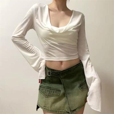 欧美极简辣妹白色荡领连帽长袖T恤薄款女显瘦高腰露脐辣妹上衣夏