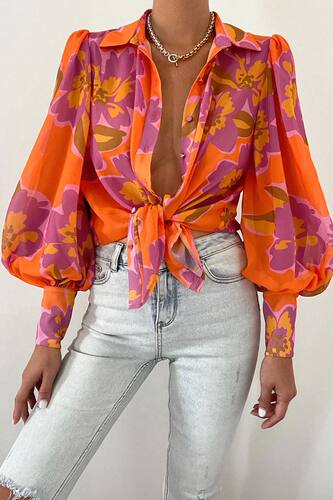 Long Sleeve Lapel Single Breasted Balloon Sleeve Shirt