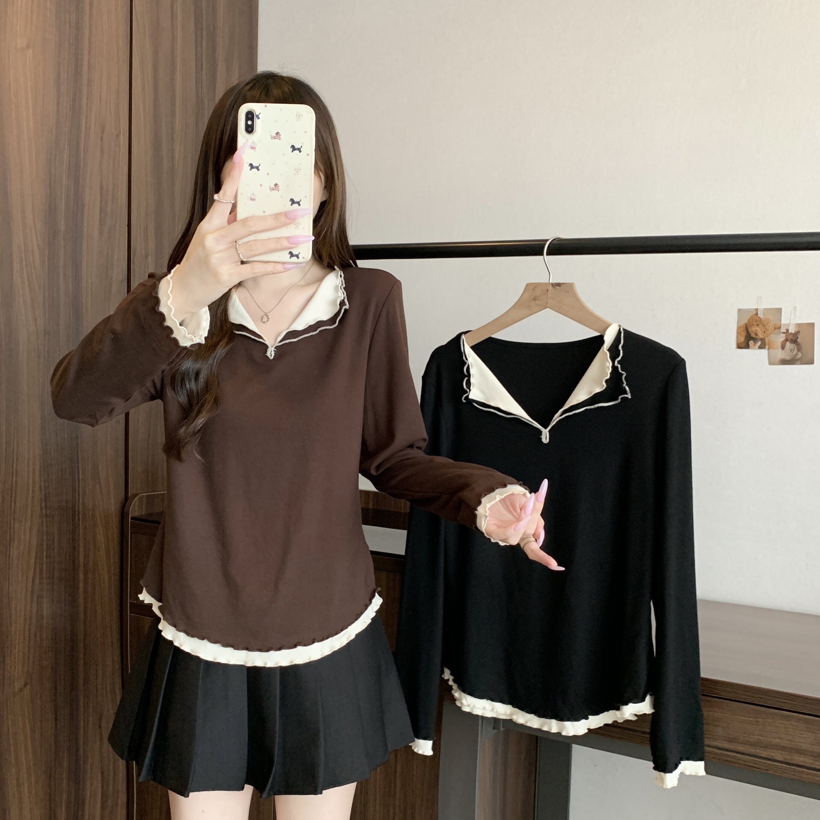 哺乳上衣秋季大码拼接花边假两件长袖t恤辣妈款外出喂奶期打底衫