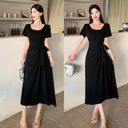绑带收腰哺乳连衣裙夏季大码赫本风方领辣妈款外出产后喂奶期长裙
