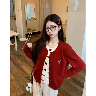 喂奶期毛衣 外出大码 哺乳上衣秋冬假两件红色蝴蝶结针织开衫 辣妈款