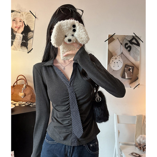 polo领带哺乳上衣大码正肩褶皱长袖T恤收腰辣妈款外出喂奶打底衫