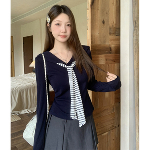 外出显瘦喂奶期打底衫 T恤辣妈款 披肩长袖 海军领飘带哺乳上衣秋季