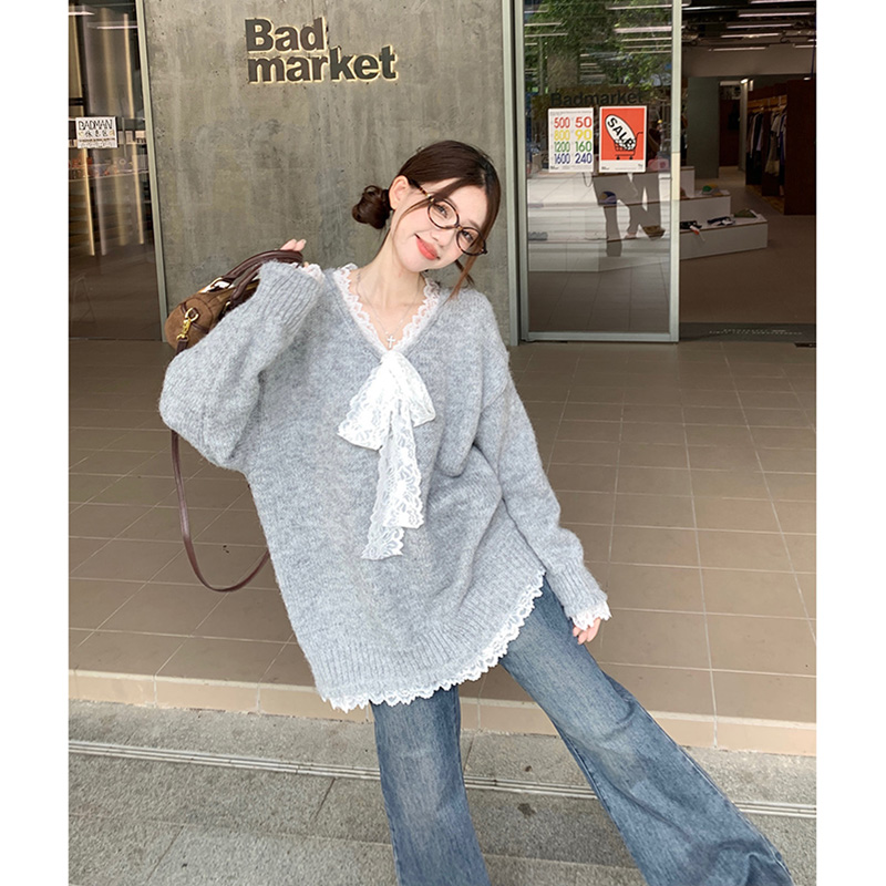 哺乳上衣蕾丝蝴蝶结拼接宽松毛衣
