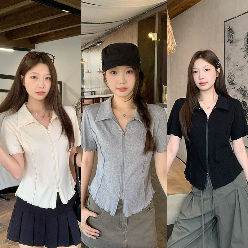 哺乳夏装外出大码翻领双拉链鱼骨短袖T恤产后辣妈款显瘦喂奶上衣