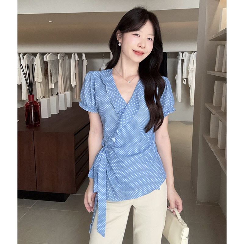 哺乳夏装外出大码波点交叉短袖衬衫绑带收腰辣妈款产后喂奶期上衣