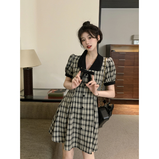 外出收腰显瘦喂奶服 蝴蝶结格子短裙产后辣妈款 哺乳连衣裙夏季 大码