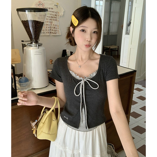 假两件系带哺乳上衣夏季大码花边短袖T恤产后辣妈款外出喂奶服