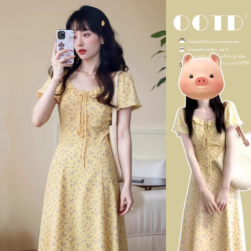 泡泡袖哺乳连衣裙夏季方领收腰显瘦碎花长裙产后辣妈款外出喂奶服