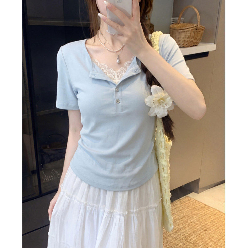 哺乳夏装外出大码蕾丝拼接假两件短袖T恤产后辣妈款显瘦喂奶上衣