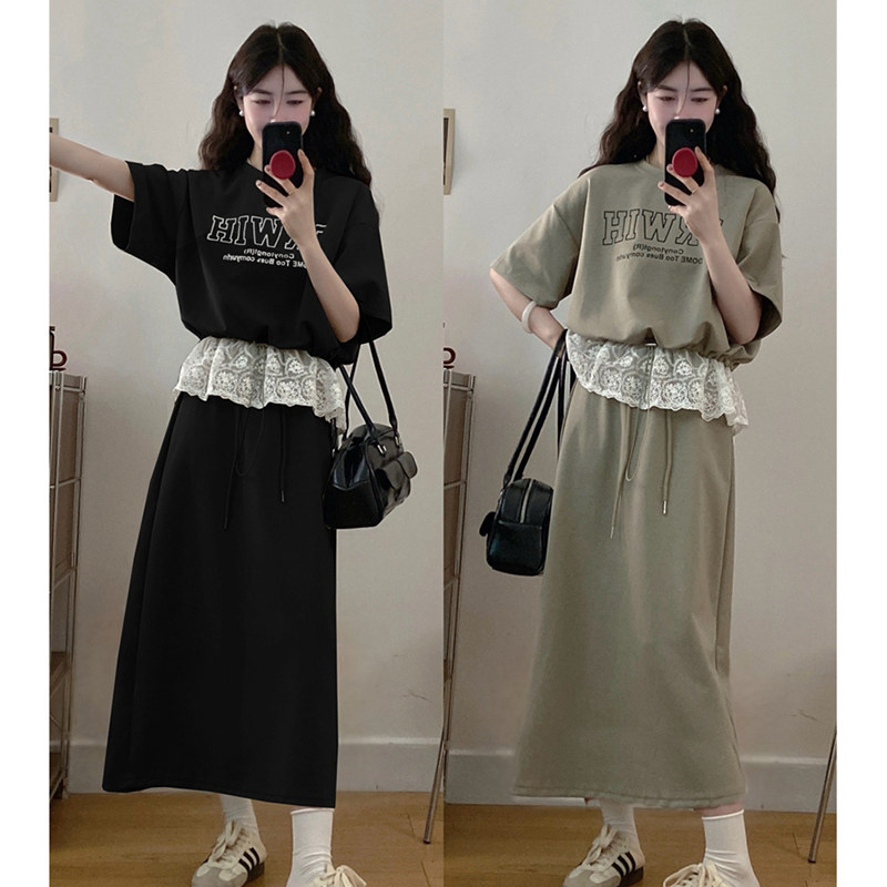 哺乳套装夏季产后字母短袖上衣蕾丝半身裙辣妈款外出喂奶期两件套