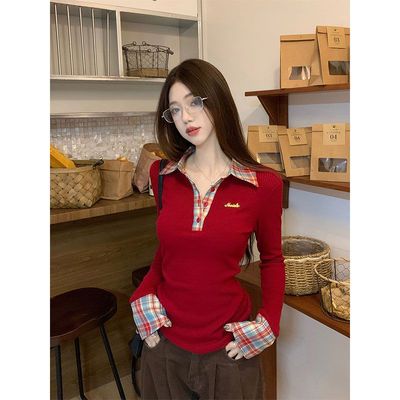 哺乳上衣春季红色POLO领格子针织产后辣妈款外出大码喂奶期打底衫