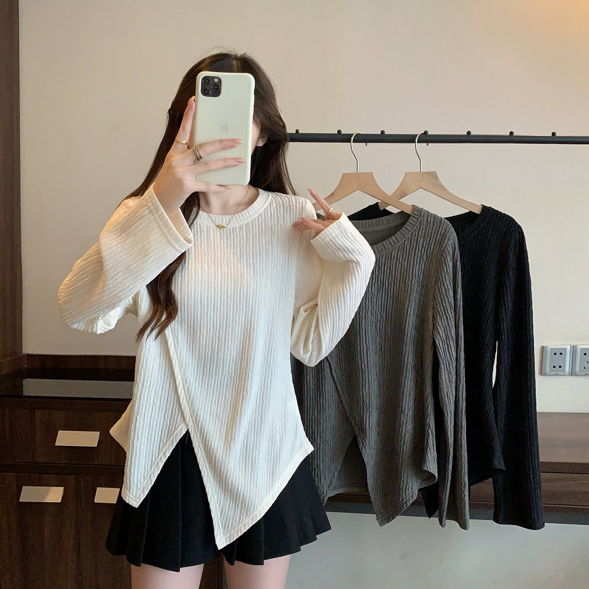 哺乳上衣秋季正肩纹理感长袖t恤辣妈款外出大码显瘦喂奶期打底衫