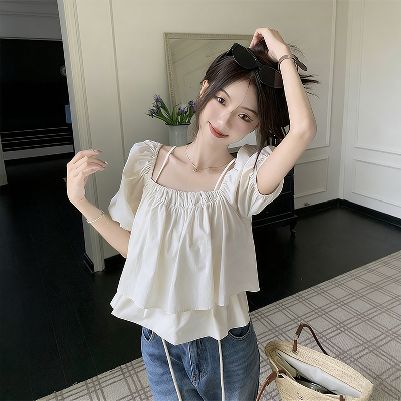 哺乳上衣夏季一字肩吊带泡泡袖辣妈款外出产后遮肚喂奶期短袖衬衫