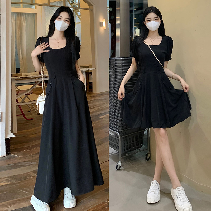 哺乳夏装外出大码产后赫本风方领口袋小黑裙辣妈款外出喂奶连衣裙