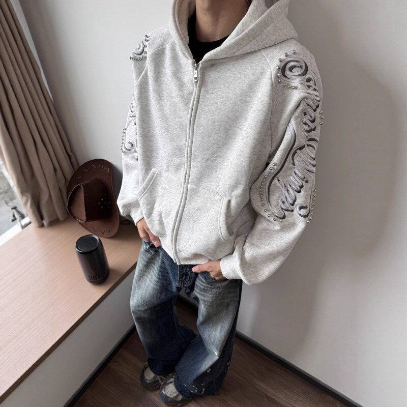 连帽线条外套美式刺绣春秋复古男女冬季上衣宽松薄款卫衣铆钉分割