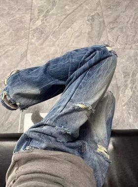 美式浅蓝色高街夏季闪电显瘦牛仔裤纹破洞微喇裤直筒裤男子显腿长
