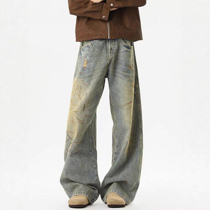 美式vintage直筒裤子男潮牌阔腿破洞牛仔裤风复古做旧水洗废土长