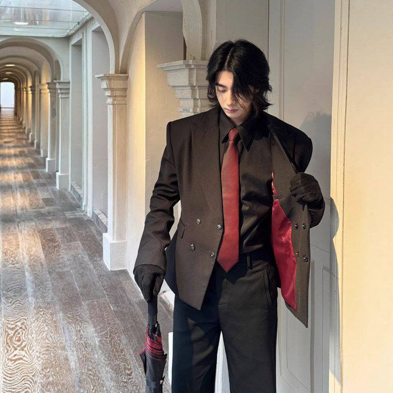 西服2026男收腰西装垫肩红内冬外套原创高级感新款双排春秋扣礼服