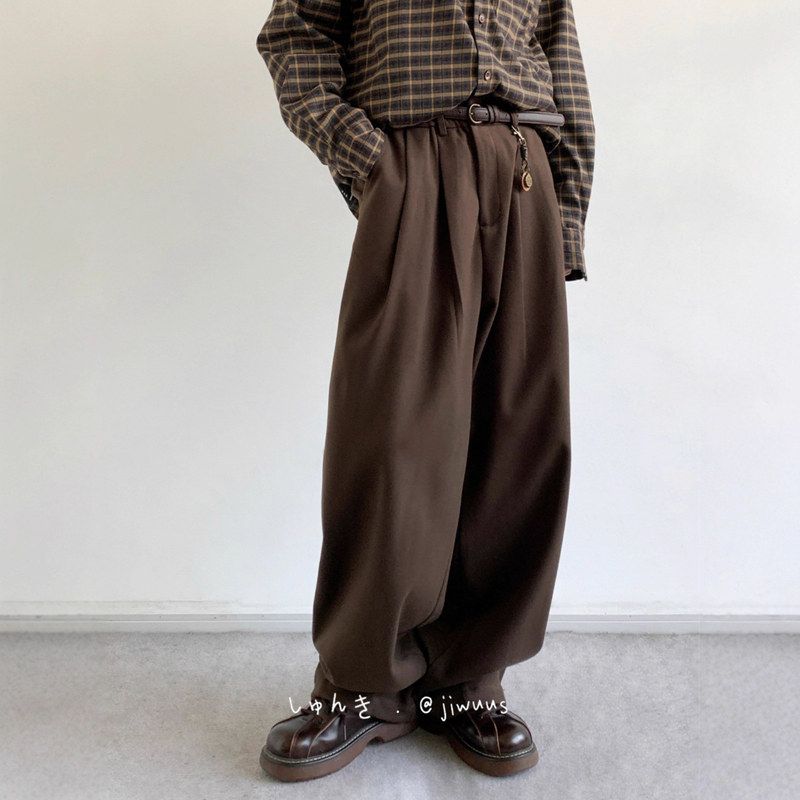 长咖啡色阔腿直筒男女生学院风秋冬复古毛呢裤子西裤美拉德休闲裤