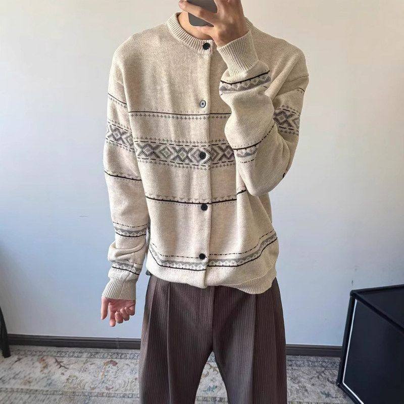 设计感le费尔岛老钱提花针织衫开衫冬季毛衣外套anfitc风上衣男款