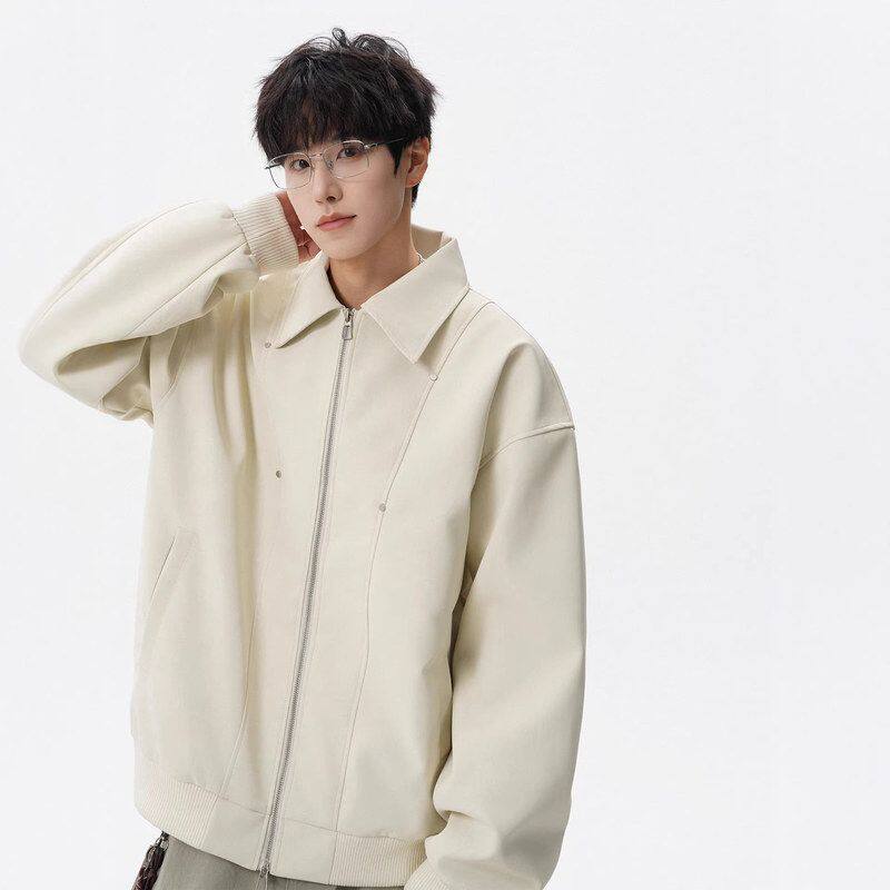 铆钉美式外套新款休闲青少年宽松高街潮牌皮夹克PU高级男春季机车