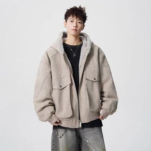 外套宽松男加绒 百搭潮牌座山雕保暖连帽棉服棉衣工装 加厚美式 新款