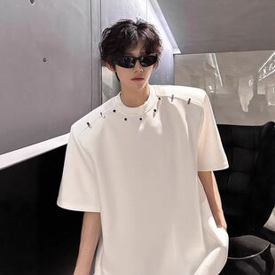夏季垫肩体恤金属新款短袖高级感高街美式潮牌痞帅男款扣T恤半袖