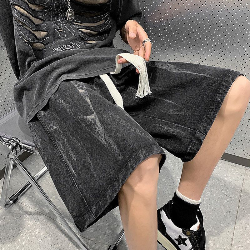 宽松男士牛仔短裤直筒大码五分裤中裤男款扎染潮牌薄款夏季美式子