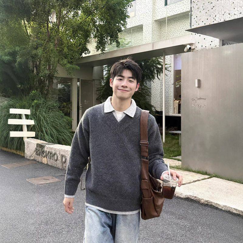 新款慵懒灰色内假两件秋冬季搭羊毛加厚毛衣针织衫男生高级感翻领