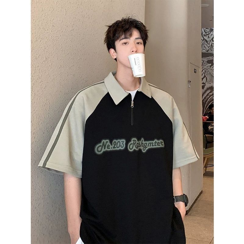 ins拉链撞色短袖男衫上衣夏季半