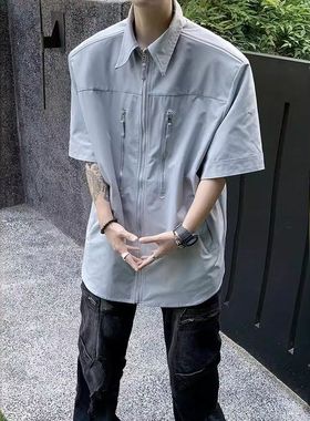 anfit街头风百搭隐形衬衣高级lec鱼骨男垫肩天蓝色短袖衬衫半袖