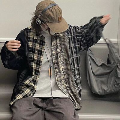春秋季格子衬衫情侣男拼接衬衣