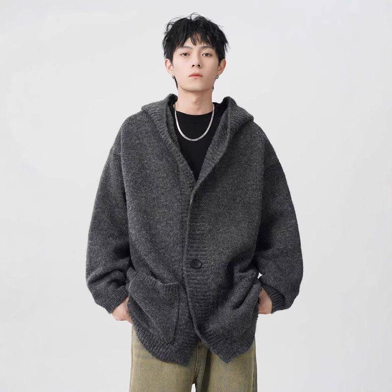 leanfit男毛衣开衫c灰色秋冬季风帽衫外套慵懒潮宽松高级感针织衫