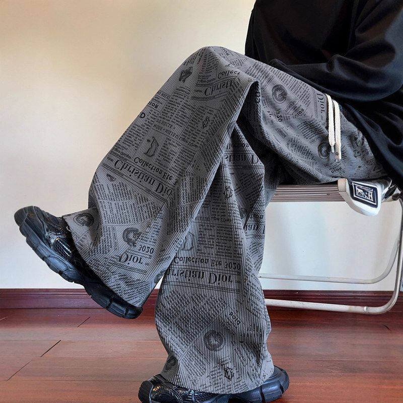 子潮流满印宽松灯芯绒垂感复古阔腿裤休闲裤直筒长裤美式春秋男款