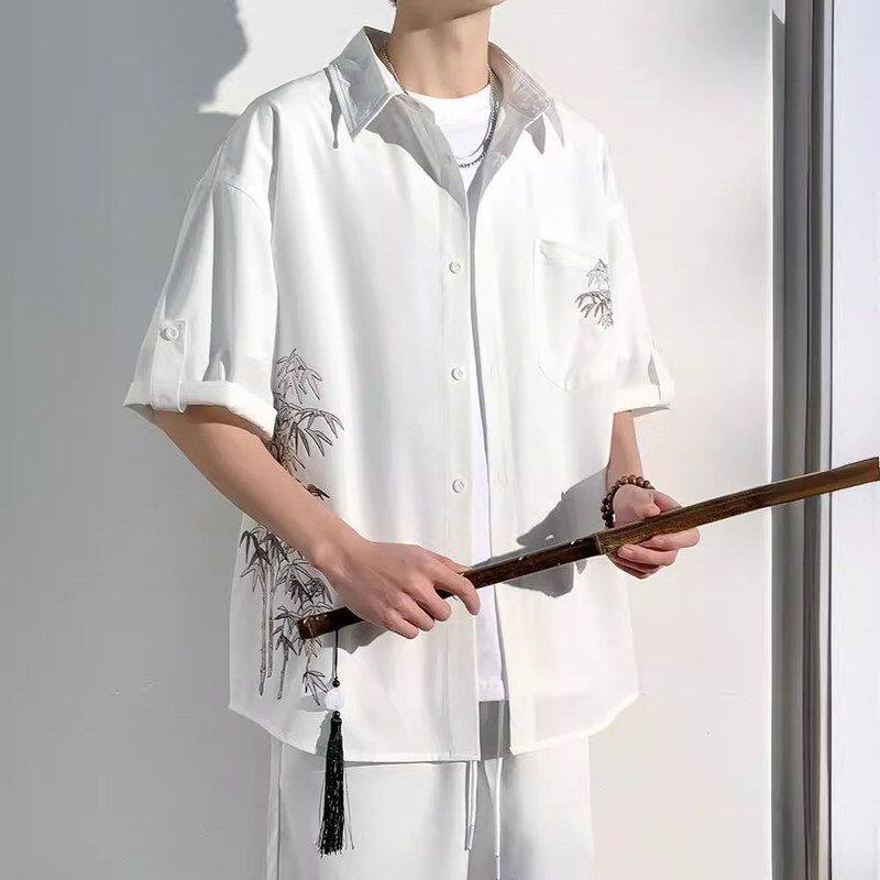 冰丝凉感易外套潮牌国风七分袖衬衫男新中式短袖衬衣宽松打理半袖