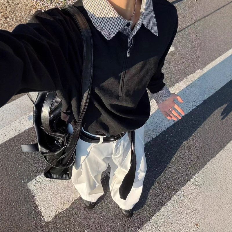 上衣千鸟格半卫衣系假两件olo