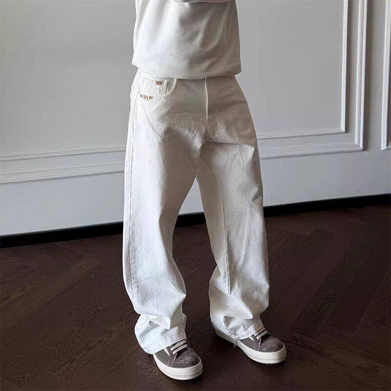 牛仔裤直筒裤子阔腿裤白色窄anfit男款设计感le手微喇修身c版缝针