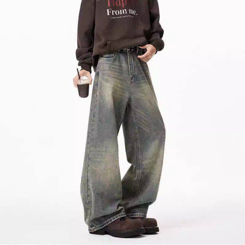 男款阔腿牛仔裤垂感美式宽松复古bootcut裤子做旧水洗直筒微喇裤