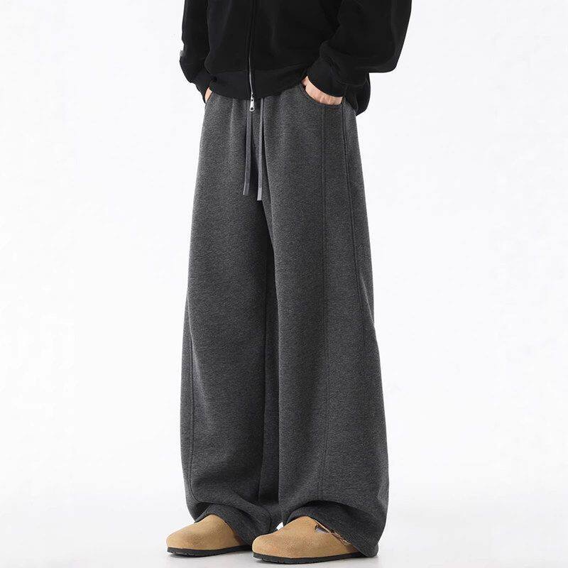 灰色宽松重磅美式春秋弯刀潮牌男冬季拼接休闲裤垂感直筒卫裤长裤